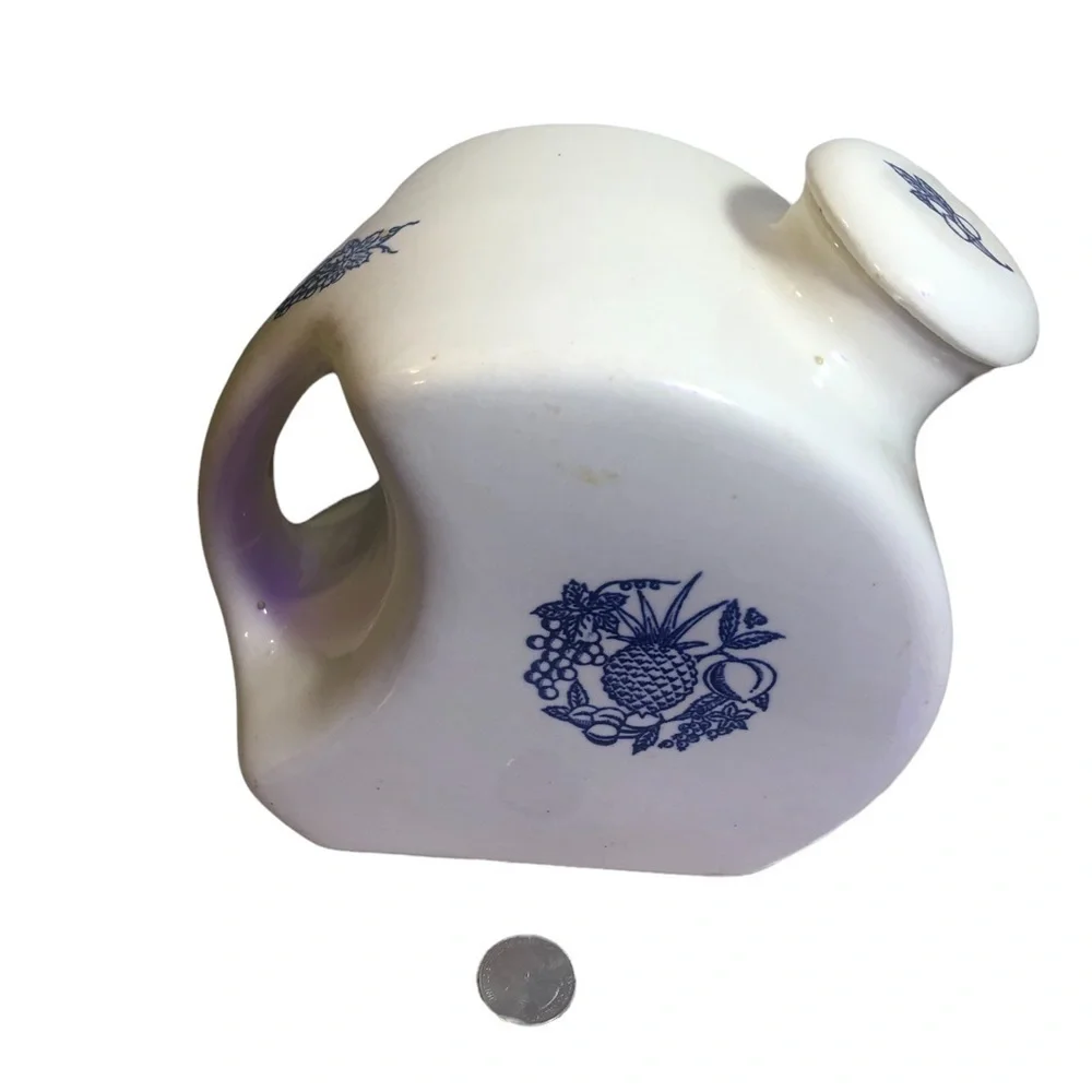 Vintage Oxfordware Refrigerator Pitcher 6 x 6 x 4.5” Cream/Blue Fruit Cork